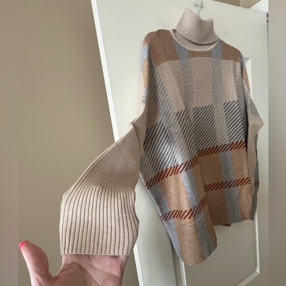 Joseph A. Plaid Turtleneck Oversized Poncho Designer Sweater Size Large - Picture 7 of 15